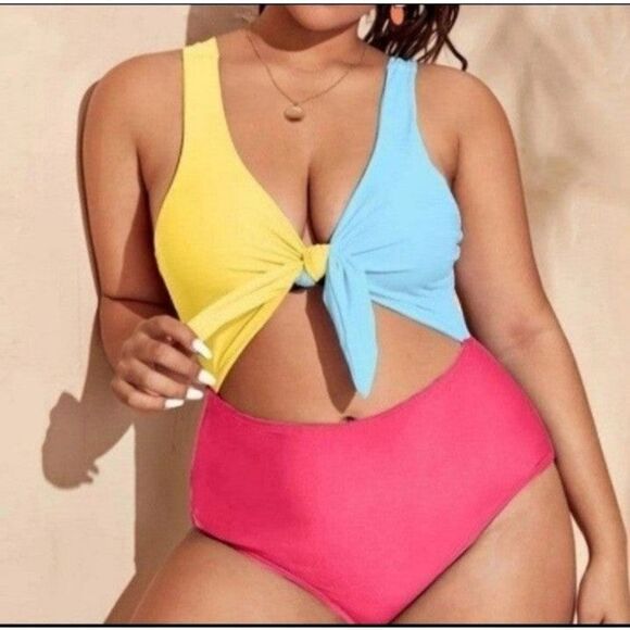 plus size color block 1pc swim suit 3X - Picture 1 of 5